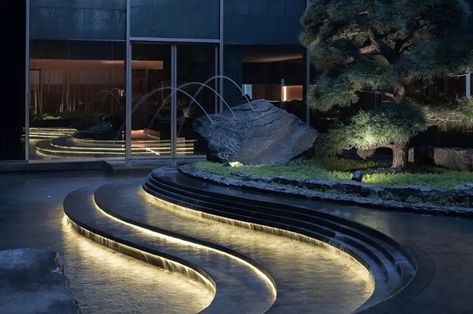 Waterfall Lighting, Water Feature Lighting, Waterscape Design, Hotel Landscape, Spiritual Style, Indoor Pool Design, Architectural Lighting Design, L A, Water Effect