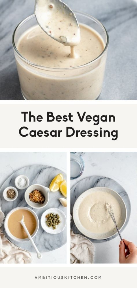 The best vegan caesar dressing recipes you'll ever make! This easy, creamy vegan caesar salad dressing is nut free thanks to tahini and filled with delicious flavor from fresh lemon juice, capers and a little dijon mustard. Add it to salads, veggies bowls and more! #saladdressing #vegan #dairyfree #dressing #caesarsalad Vegan Ceasar Dressing, Vegan Caesar Salad Dressing, Ceasar Dressing, Vegan Caesar Dressing, Caesar Dressing Recipe, Vegan Caesar Salad, Vegan Caesar, Vegan Salad Dressing, Vegan Dressing