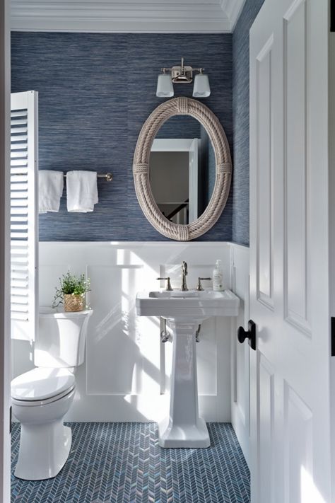 Family Home: Orleans, Cape Cod - Beach Style - Bathroom - Boston - by ERT Architects, Inc | Houzz Coastal Powder Room Ideas, Cape Cod Bathroom, Coastal Powder Room, Beautiful Powder Rooms, Powder Room Renovation, Wallpaper Powder Room, Coastal Bathroom Design, Powder Room Ideas, Half Bath Remodel