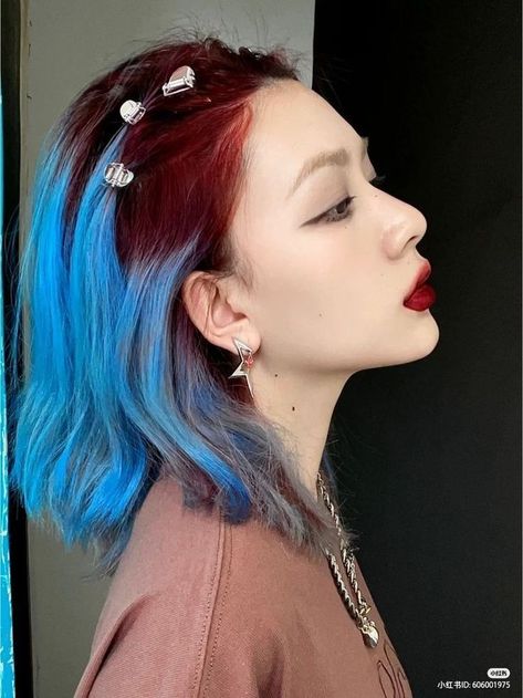 Fox Color Hair, Arctic Fox Wrath, Red And Blue Hair, Blue And Red Hair, Red Roots, Blue Ombre Hair, Light Blue Hair, Deep Maroon, Dyed Hair Inspiration