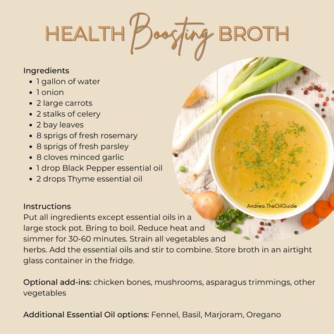 Broth with benefits! 😉🍲 Bone broth is nutrient-rich and may help reduce inflammation, improve bone health, boost immunity, and support joints and gut health. HOWEVER! Most broth and stock options at the store have added ingredients that make it unhealthy. The good thing is - It's easy to make your own broth! This is a super simple recipe you can make a home, and adding in essential oils will give it a burst of flavor AND added benefits. Add this broth to your sauces and soups - it's also ... How To Drink Bone Broth, Bone Broth Benefits, Black Pepper Essential Oil, Doterra Recipes, Thyme Essential Oil, Boost Immunity, Stock Options, All Vegetables, Bone Broth