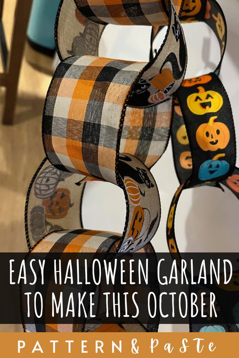 Want to make a ribbon garland to celebrate this spooky season? Check out this post from Pattern and Paste for a detailed description on how to make a Halloween garland using ribbon. #halloweengarland Fall Ribbon Crafts Diy, Fall Crafts With Ribbon, Halloween Garland Mantle Diy, Fall Ribbon Decor Ideas, Ribbon Chain Garland, Thanksgiving Ribbon Ideas, Fall Ribbon Ideas, Easy Diy Fall Garland, Halloween Ribbon Garland