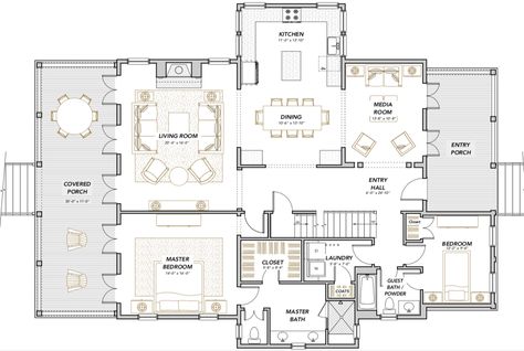 Palm Bay Home Plan — Flatfish Island Designs — Coastal Home Plans Coastal House Layout, Cottage Home Plans, Coastal Cottage House Plans, 2000 Sq Ft House, Coastal Home Plans, Beach House Flooring, Coastal Homes Plans, Open Floor Plans, Backyard Views