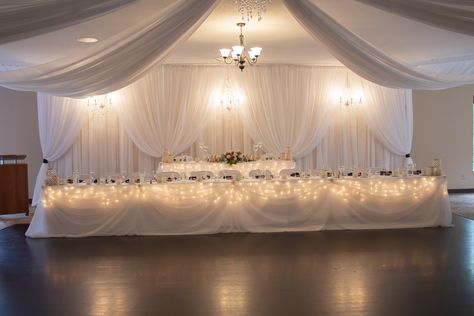 Wedding Head Table Decor Elegant, Wedding Backdrop Head Table Draping, Wedding Backdrop Reception Head Table, Head Table Wedding Decorations Elegant, Wedding Head Table Backdrop, Wedding Head Table Ideas, Wedding Head Table, Curtain Backdrop Wedding, Bridal Table Backdrop