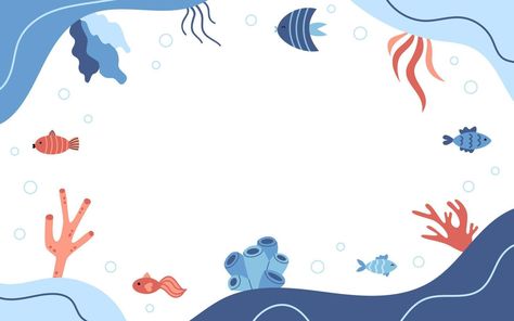 Vector frame with fishes and water plants in flat design. Marine template with copy space. Border with sea animals. Ocean life. Fish Border Design, Ocean Border Design, Ocean Projects, Vector Frame, Marine Ecosystem, Water Plants, Ocean Life, Sea Animals, Border Design