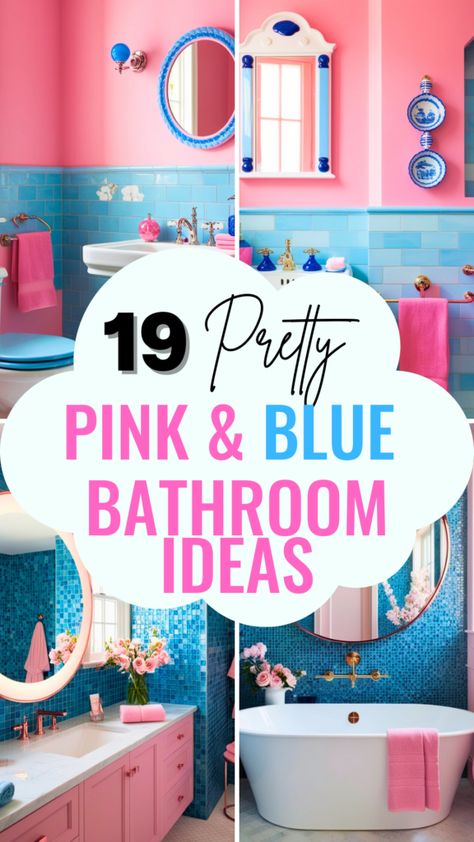 19 Stunning Pink and Blue Bathroom Ideas to Brighten and Transform Your Space Pink And Blue Bathroom, Pink Tile Bathroom Ideas, Boy Bathroom Ideas, Fun Kids Bathroom Ideas, Blue Bathroom Ideas, Pink Tile Bathroom, Vibrant Bathroom, Soft Blue Walls, Coral Bathroom