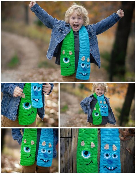 Crochet Monsters Inc. Scarf (No pattern, just photo). #crochet #boycrochet Crochet Kids Scarf Measurements, Crochet Accessories For Boys, Crochet Scarf Kids, Crochet Scarf For Kids, Monsters Inc Crochet, Santa Scarf, Crochet Unicorn Hat, Funky Scarves, Crochet Kids Scarf