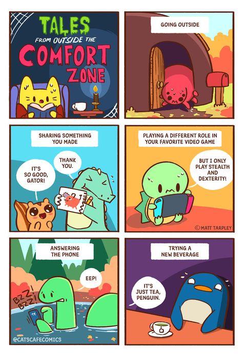 Cat's Cafe - Tales from Outside the Comfort Zone! Halloween Eve, The Comfort Zone, Cute Couple Comics, Couples Comics, Funny Dog Memes, Cat Cafe, October 23, Wholesome Memes, Self Care Activities