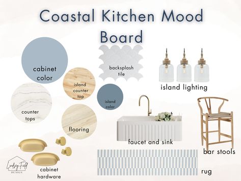 This Coastal Kitchen Mood Board is the perfect tool for any homeowner looking to create a kitchen that's uniquely their own. This premade mood board featuring coastal kitchen finishes will help you envision your dream kitchen without the hassle and headache. I've done the work for you and have selected the hardware, faucet, sink, backsplash, flooring, counter tops and paint colors for your dream coastal kitchen. All you have to do is click the links in the PDF and shop the products you want, and Coastal Farmhouse Mood Board, Coastal Kitchen Mood Board, Modern Coastal Mood Board, Beach House Mood Board, Coastal Backsplash Kitchen, Mood Board Coastal, Coastal Mood Board, Modern Coastal Kitchen, Sink Backsplash