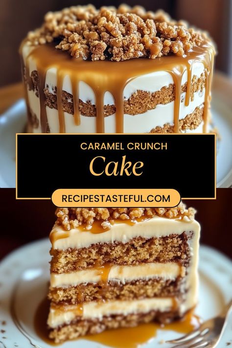 Indulge in this decadent Caramel Crunch Cake, featuring layers of moist cake, rich caramel sauce, and a delightful crunch topping. Perfect for celebrations or a sweet treat at home! Caramel Crunch Cake Recipe, Caramel Crunch Cake, Crunch Cake Recipe, Spelt Recipes, Crunch Topping, Caramel Crunch, Crunch Cake, Moist Cake, Toffee Bits