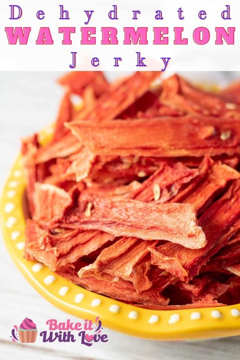 Tasty dehydrated watermelon jerky served in a small bowl with light yellow rim. Dehydrated Candied Fruit, Dried Watermelon In Oven, Dehydrated Watermelon In Dehydrator, Dehydrated Pineapple In Dehydrator, Dehydrated Watermelon, Watermelon Jerky, Dehydrated Salmon Jerky, Dried Watermelon, Fat Free Recipes