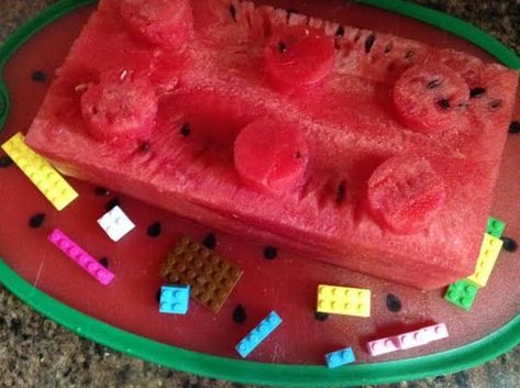 HOW TO CARVE: WATERMELON LEGOS - What About Watermelon? Carve Watermelon, Lego Pasta, Lego Friends Party, Friends Accessories, Lego Themed Party, Watermelon Carving, Lego Birthday Party, Lego Blocks, Lego Birthday