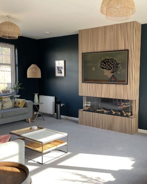 Wood Paneling Living Room, Fireplace Accent Walls, Fireplace Inspiration, Dark Blue Living Room, 90s Home, Dark Blue Walls, Timber Slats, Acoustic Panel, Living Room Decor Fireplace