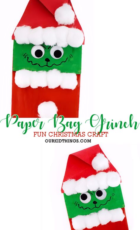 Paper Bag Grinch Craft #Christmas #thegrinch #grinchcraft #paperbagcraft #kidscraft #kidcrafts Grinch Craft, Grinch Crafts, Paper Flower Wall Hanging, Dad Crafts, Wall Hanging Ideas, Paper Bag Crafts, Reindeer Craft, Christmas Cards Kids, Preschool Christmas Crafts