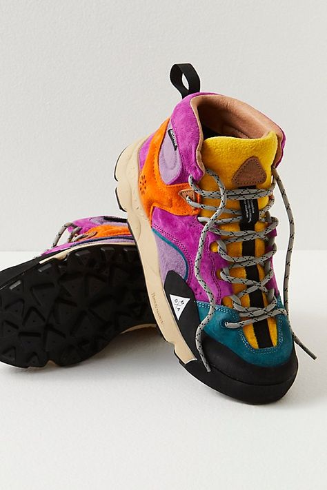 Get funky on the trail with these waterproof, colorblocked hiking sneakers from Flower Mountain. **Features:** Mid-top style, colorblocked suede uppers, waterproof, padded ankle support, grippy tread outsole, stability features for uneven terrain, reinforced toe, fleece-y tongue, removable insole with arch support, lace-up closure, pull tabs**Why We <3 It:** This bold pair keeps your feet protected from water and dirt in fun, vibrant style. Color Block Sneakers, Sneaker Pimps, Coolest Outfits, Bright Sneakers, Flower Mountain, Mid Sneakers, Colorful Sneakers, Hiking Sneakers, Rocky Road