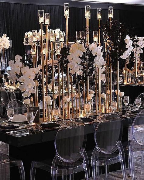 Black And Gold Reception, Elegant Tablescapes, Gold Reception, Dark Wedding Theme, Black And White Wedding Theme, Tall Candlesticks, Planners And Organizers, White Wedding Theme, Great Gatsby Wedding