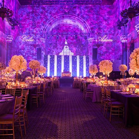 Say hello to purple perfection! #colinweddings Cipriani Wedding, Amazing Cinematography, Purple Blue Wedding, Purple Uplighting, Hall Decorations, Colin Cowie, Dubai Wedding, Bride Magazine, Wedding Hall