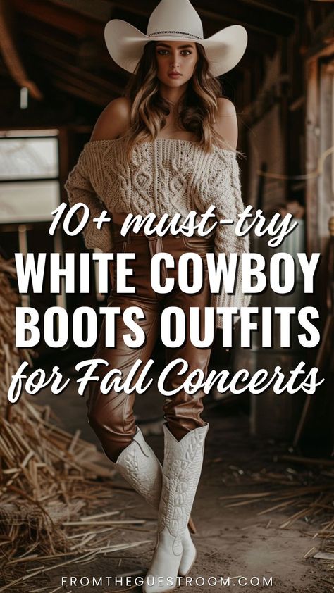 Bone Colored Cowboy Boots, White Cowboy Boot Outfits Winter, Jeans And White Cowboy Boots, Styling White Western Boots, Outfits To Wear With White Cowgirl Boots, Off White Cowboy Boots Outfit, Cream Western Boots Outfit, White Cowboy Boots With Jeans, White Cowboots Outfit For Women