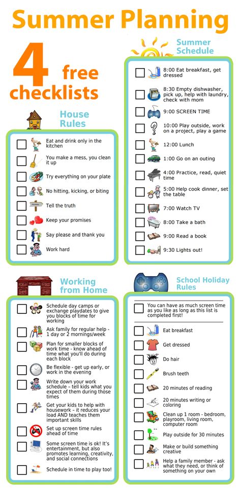 With kids out of school for the summer, rhythms and childcare you've counted on the rest of the year fall away. Some families thrive with this lack of structure, but others could benefit from returning at least a little of that structure to their summer days! Here are four checklists that can help. Summer Checklist For Kids, Two Years Old Activities, Homework Checklist, Summer With Kids, Summer Homework, Summer Planning, Daily Schedule Kids, School Shopping List, Kids Checklist