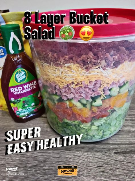 8 layer salad😋💖 LEMON 8 LOVERS CHECK THIS OUT 🤤 ⭐️Overall rating: 10/10 I love me a good salad Chopped baby spinach Chopped spr Lettuce Salad With Fruit, Lettuce Based Salads, 8 Layer Salad, Chopped Spinach Salad, Salad Chopped, Healthy Party Appetizers, 7 Layer Salad, Alpha Gal, Layer Salad