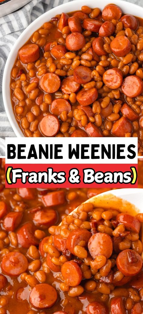 This easy, one-pot homemade beanie weenies recipe combines hot dogs, pork and beans, and a sweet-savory sauce. Ready in just 30 minutes for a quick, family-friendly meal! Beanie Winnie Recipe, Crockpot Beanie Weenies, Crockpot Chili Hot Dogs, Barbecue Weenies Crockpot, Beans And Weenies Recipes Crock Pot, Pork And Beans And Hot Dogs, Beenie Weenie Crockpot, Wieners And Beans, Beanie Weenies Recipes Crock Pot