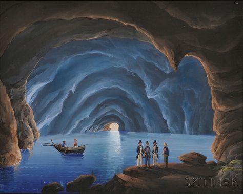 American/Italian School, 19th c. - Two Works Depicting the Grotta Azzurra (Blue Grotto). Grotto Drawing, Cave Spa, Blue Grotto, Applique Quilts, Atlantis, Items For Sale, Writing Prompts, Travel Posters, San Jose