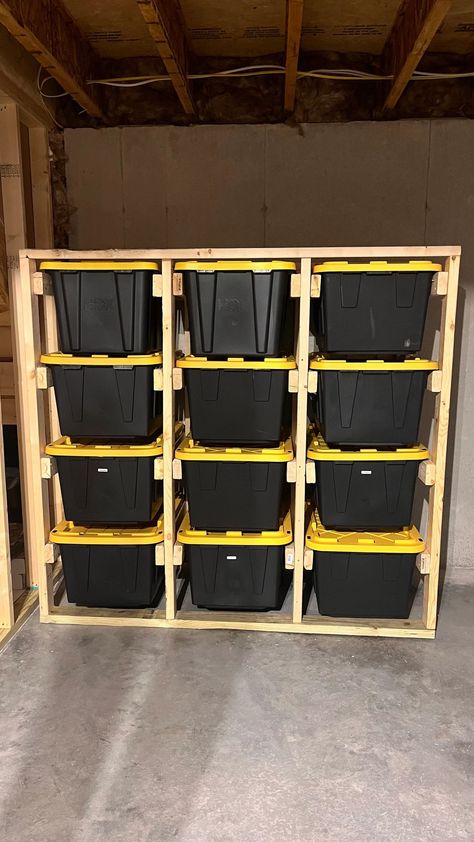 DIY 27 Gallon Tote Storage Shelves Storage Bin Storage, Garage Shelves For Storage Bins, Diy Shelving Storage, Storage Room Shelves Diy, Bin Storage Shelves Diy Garage, How To Build Bin Storage, Diy Rack Shelf Storage Ideas, Rubbermaid Storage Ideas, Storage For Bins