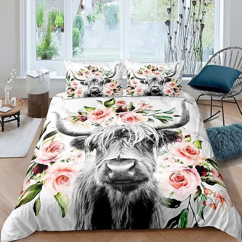 Cattle Bedding, Cow Quilt, Marble Bed, Floral Print Bedding, Flower Duvet Cover, Theme Beds, Flower Duvet, Highland Cow Print, Flower Bedding