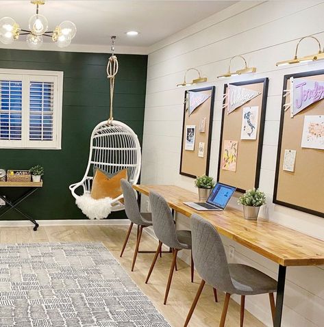 School Room At Home Ideas, Family Art Space, Living Room School Room, Small School Room Ideas, Loft Homeschool Room, Garage Homeschool Space, Tutoring Office Design, Homeschool Room Living Room, Homeschool Desk Area