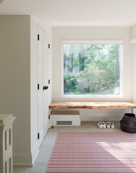 Mudroom with Live Edge Bench - Transitional - Laundry Room Blue Mudroom, Mudroom Shelves, Blue Shiplap, Dark Blue Kitchen Cabinets, Red And Blue Rug, Shiplap Trim, Floating Bench, Cottage Style Living Room, Red Accent Wall