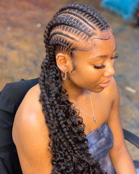 Bohemian Stitch Braids Cornrows, Godess Cornrows Braids, Corn Row Styles For Black Women, Feed In Braids With Curly Ends, Straight Back Boho Cornrows, Cornrows Braids With Curls, Boho Feed In Braids Cornrows, Cornrow With Curls, Goddess Feed In Braids