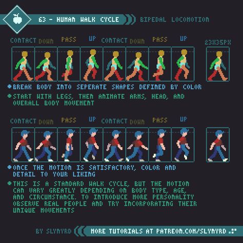 Pixel Character Tutorial, Pixel Art Comic, Pixel Art Tutorial Step By Step, 32x32 Pixel Art Characters, Pixel Art Tips, Walk Animation, Pixel Tutorial, How To Pixel Art, Pixel Art Reference