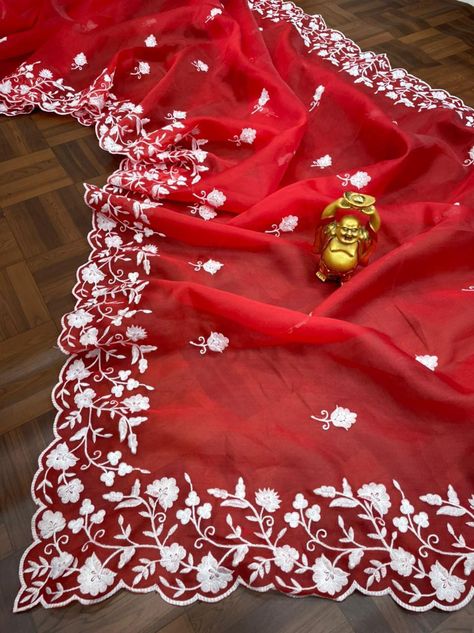 *DS-518* *SAREE FABRIC-* Soft orgenza *SAREE LENGTH-* 5.50 Mtr *SAREE WORK-* Beautiful embroidery multi thread work with cut work border *BLOUSE FABRIC & WORK- Soft orgenza with both side work *BLOUSE LENGTH*1 Mtr *Note -Our real photoshoot & videos* *Presenting to u this grand saree with red border,this saree is a must in the closet this pujo for every women. Choose it for ashtami, dashami & all other days when your hearts craves for a little white and red* S⁹⁵ *Rs -1250+$* Grand Saree, Saree Work, Fabric Work, Side Work, Photoshoot Video, Red Border, Saree Fabric, Work Sarees, Thread Work