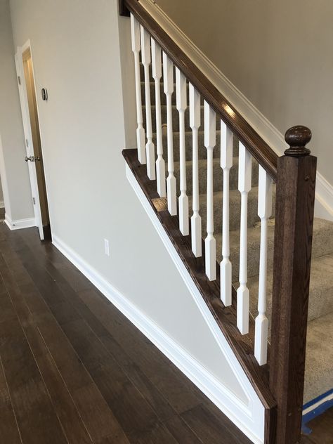 Walnut And White Staircase, Dark Bannister, Colonial Staircase, Stained Staircase, Craftsman Staircase, Elegant Staircase, Diy Stair Railing, Baseboards And Trim, Carpet Staircase