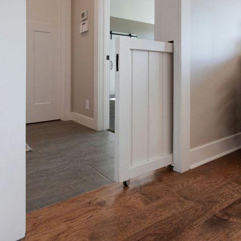 Dog Gate - Photos & Ideas | Houzz Pocket Dog Gate, Gate Pictures, Contemporary Family Room, Pocket Dog, Recessed Panel Cabinets, Entry Stairs, Light Grey Walls, Hallway Design, Dog Gate