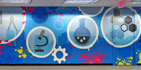 Wall Branding, School Wall Art Ideas, Education Design Interior, Street Art Mural, Math Wall, Office Mural, Office Wall Design, Stem Lab, Interior Murals