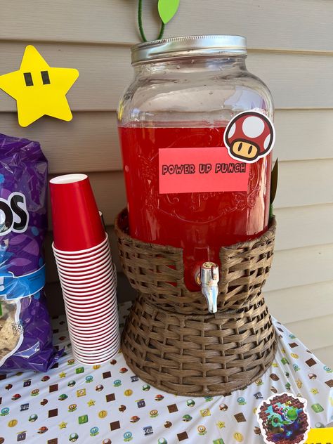 Mario Party Snack Ideas, Mario Party Drinks, Mario Kart Food, Princess Peach Party Games, Mario Kart Birthday Party Games, Mario Baby Shower Ideas, Bowser Party Ideas, Super Mario Bros Party Ideas Food, Mario Party Snacks