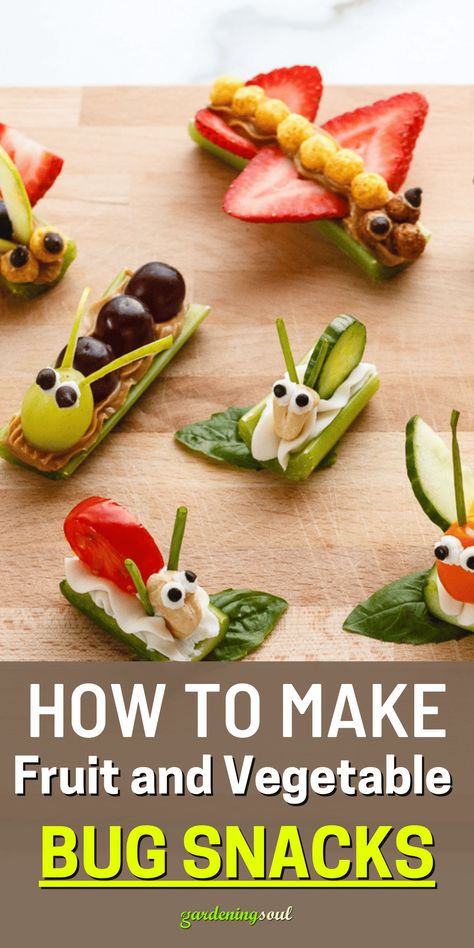 How To Make Fruit and Vegetable Bug Snacks Bug Party Food, Hanging Basket Plants, Snacky Foods, Edible Bugs, Bug Snacks, Vegetable Ideas, Veggie Art, Vegetable Snacks, Food Art For Kids