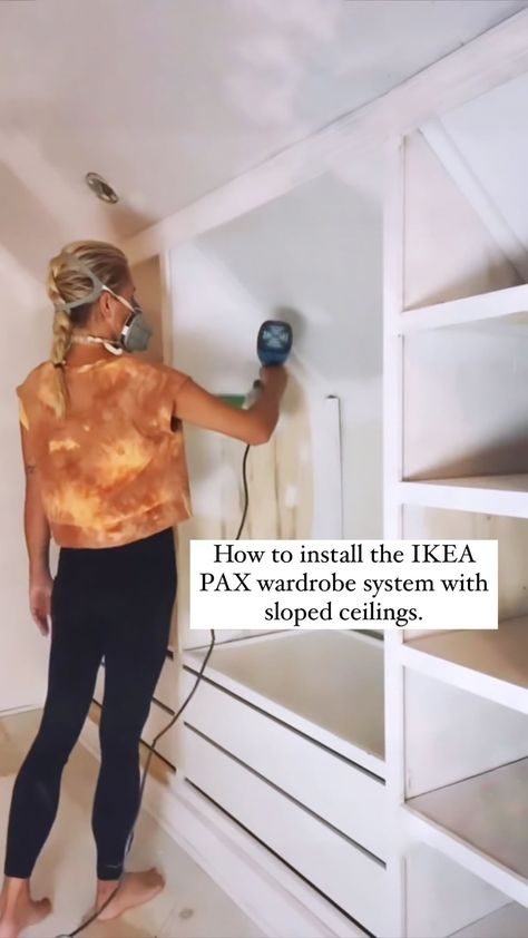 Jodi Bond | Here is part 1 on how I configured the IKEA PAX wardrobe system in my closet with it’s low and sloped ceilings. #ikeapax #ikeahack… | Instagram Ikea Attic Storage Built Ins, Ikea Sloped Ceiling Storage, Ikea Attic Storage, Attic Closet Ideas Angled Ceilings Diy, Under Eaves Closet Ideas, Built In Wardrobe Ideas Sloped Ceiling, Sloped Ceiling Storage, Attic Closet Ideas Angled Ceilings, Closet With Slanted Ceiling