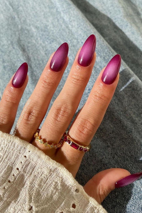 Radiant elegance: Wine red almond nails with a captivating purple aura gradient, a mesmerizing blend of sophistication and charm. // Photo Credit: Instagram @phoebesummernails Purple Polish Nails, Cherry Aura Nails, Wine Red Chrome Nails, Aura Nail Designs Almond, Wine Purple Nails, Almond Nails Aura, Blended Nails, Almond Aura Nails, Summer Aura Nails