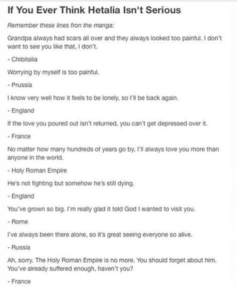 Hetalia. It's not ENTIRELY sunshine and rainbows is it? << I've forgotten how much I enjoyed Hetalia. Methinks I need to go rewatch it. Hetalia Headcanons, Hetalia Anime, Hetalia Axis Powers, Public Place, Japanese Cartoon, Axis Powers, 5 Seconds, Text Posts, Hetalia