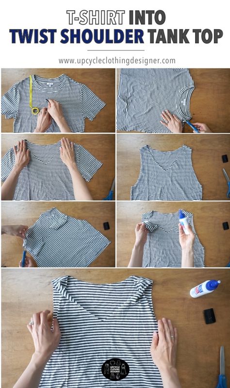 Upcycle tutorial with step-by-step instructiosn for how to make a t-shirt into twist shoulder tank top without sewing. The easy beginners project is a quick way to refashion a tee into a tank top with twist shoulder straps. Cut A Shirt, No Sew Refashion, Shirt Into Tank Top, Easy Diy Fashion, Sewing Tshirt, Tank Tops Diy, Upcycle Clothing, Diy Clothes Refashion, Diy Clothes Videos