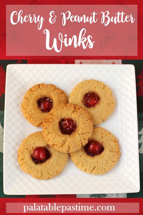 Cherry and Peanut Butter Winks fill traditional  peanut butter cookies with candied glace cherries and jam. Cookies With Cherries, Chocolate Cookie Recipes Easy, Checkerboard Cookies, Mouthwatering Desserts, Sugar Free Peanut Butter, Jam Tarts, Cookie Recipes Unique, Glace Cherries, Dessert Bar Recipe