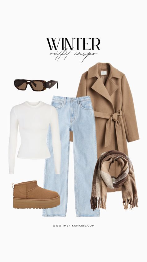 winter outfit Jeans Uggs Outfit Winter, Outfit With Coat Winter, Vacation Winter Outfits, Winter Outfit Uggs, Cute Winter Outfits 2023, Brown Uggs Outfit Winter, Outfit With Brown Coat, Jeans Coat Outfit, Winter Outfits With Scarves