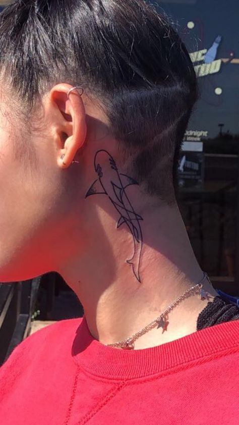 Shark Neck Tattoo, Shark Tattoo Behind Ear, Shark Tattoo On Back, Shark Tattoo Placement, Girly Shark Tattoo Ideas, Shark Back Tattoo, Shark Tattoo Minimalist, Shark Tattoo On Shoulder, Shark Outline Tattoo