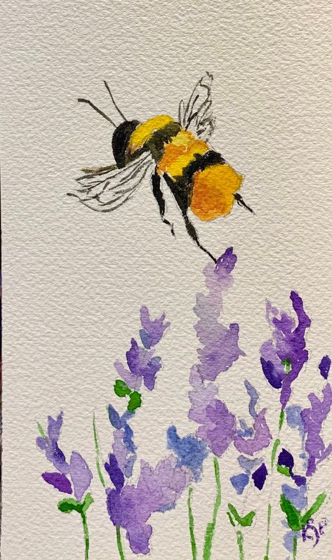 "This is a 4\"x 10\" watercolor of a busy bee visiting lilac blooms. The painting features various vivid colors & was created with professional Arches  140 lb. paper & Holbein watercolors. Thanks for taking a look." Bees Watercolor Painting, Bumble Bee Painting Acrylic Easy, Bee Painting Acrylic, Watercolour Insects, Water Painting Ideas, Bees Watercolor, Bee Paintings, Honey Bee Watercolor, Bee Pictures Art