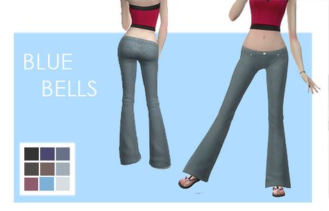 Patchy Sims 4 Low Rise Jeans Cc Maxis Match, Light Blue Skirts, Low Waist Pants, Bell Jeans, Strap Pants, Bell Pants, Low Rise Pants, Sims4 Clothes, Sims 4 Collections