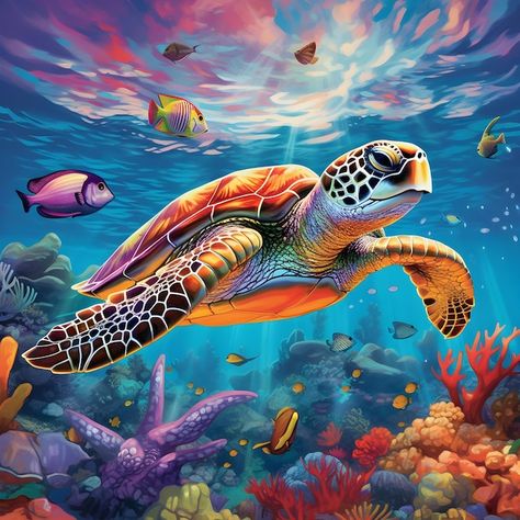 Una pintura de una tortuga nadando bajo ... | Premium Photo #Freepik #photo #vida-marina #vida-marina #tortuga #animales-marinos Sea Turtle, Fish, Canvas, Wall, Art