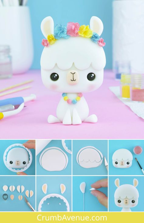 Llama Polymer Clay, Modeling Clay Ideas Step By Step, Alpaca Cake, Fringe Flower, Cakes For Kids, Craft Cake, Polymer Clay Kawaii, Fondant Animals, Cake Topper Tutorial