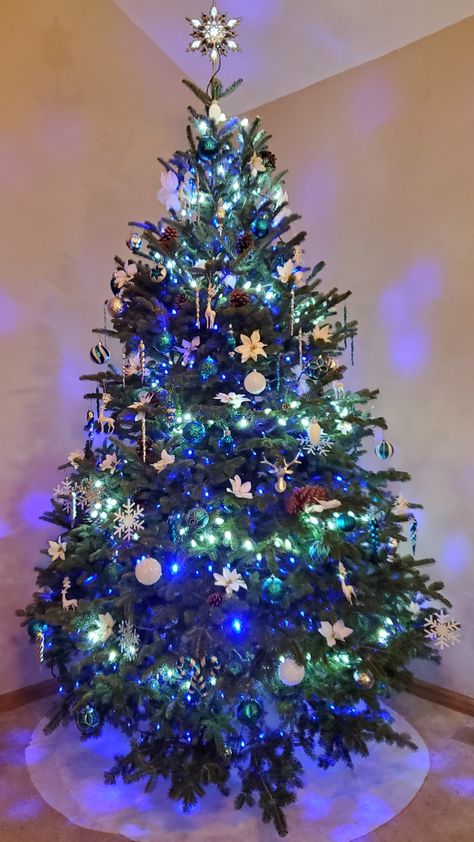 Blue Lights Christmas Tree, Christmas Tree With Blue Lights, Lights Christmas Tree, Woodland Christmas Tree, Blue Lights, Tree Lights, Woodland Christmas, Lights Christmas, Christmas Tree Lighting